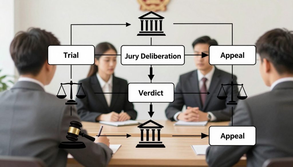A detailed flowchart illustrating the civil case process, emphasizing the trial and post-trial stages. In the foreground, various legal icons, such as a gavel, scales of justice, and court buildings, are interconnected with arrows and lines, depicting the flow of the case. The middle layer shows key stages like "Trial", "Jury Deliberation", "Verdict", and "Appeal", each clearly defined within boxes. The background features a subtle courtroom scene with blurred figures of attorneys in professional attire discussing with clients, enhancing the legal atmosphere. The lighting is soft and professional, giving a sense of clarity and organization. The overall mood is serious and informative, perfect for an educational guide. A detailed flowchart illustrating the civil case process, emphasizing the trial and post-trial stages. In the foreground, various legal icons, such as a gavel, scales of justice, and court buildings, are interconnected with arrows and lines, depicting the flow of the case. The middle layer shows key stages like "Trial", "Jury Deliberation", "Verdict", and "Appeal", each clearly defined within boxes. The background features a subtle courtroom scene with blurred figures of attorneys in professional attire discussing with clients, enhancing the legal atmosphere. The lighting is soft and professional, giving a sense of clarity and organization. The overall mood is serious and informative, perfect for an educational guide.