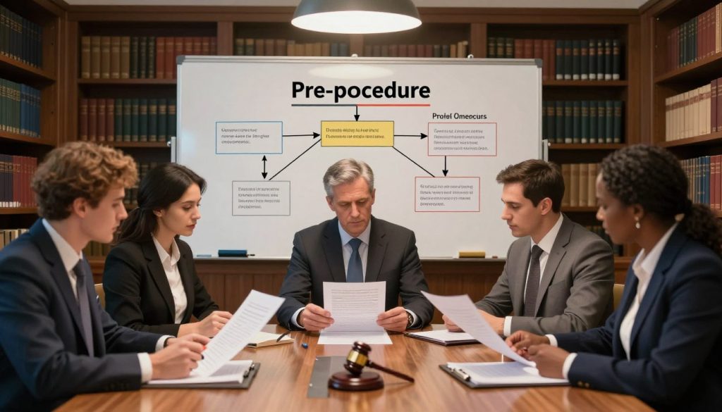 A detailed illustration depicting the stages of pre-trial procedures in a civil case. In the foreground, a diverse group of professional individuals in business attire, such as lawyers and clients, are gathered around a wooden conference table, analyzing legal documents and discussing strategies. In the middle, a large whiteboard displays flow charts and key points outlining the pre-trial process, with markers in vibrant colors. The background features a law library filled with books on legal practices and precedents, softly illuminated by warm overhead lighting to create an inviting atmosphere. The scene captures a sense of collaboration and focused determination, emphasizing the preparatory nature of civil cases. Use a realistic lens effect that brings the characters into sharp focus while gently blurring the background for depth.