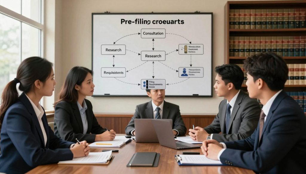 A detailed illustration of a civil case procedure being discussed in a professional setting. In the foreground, a diverse group of four individuals in business attire, including two women and two men, are gathered around a conference table with legal documents and a laptop open in front of them. In the middle ground, a large, informative flowchart outlining the pre-filing considerations hangs on the wall, showcasing steps like “Consultation,” “Research,” and “Filing Requirements.” The background features bookshelves filled with legal texts, creating an academic atmosphere. Soft, natural lighting from a large window casts a warm glow over the scene, enhancing focus and collaboration. The angle captures the engaged expressions of the participants, emphasizing a mood of professionalism and strategic discussion.