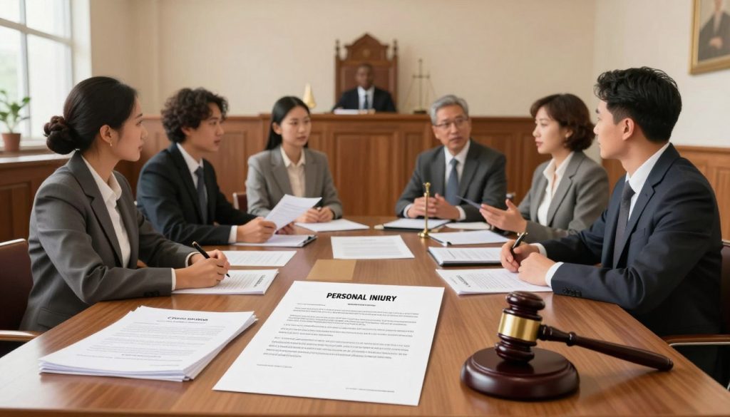A detailed illustration representing various types of civil cases. In the foreground, a neatly organized table displays legal documents, contract papers, and a gavel, symbolizing litigation. In the middle ground, a diverse group of professionals in business attire—men and women of different ethnicities—discuss examples of civil cases such as personal injury, contract disputes, and family law, showcasing an engaging debate. The background features a courtroom setting, with wooden benches and a judge's bench, creating an authoritative atmosphere. Warm, natural lighting pours through large windows, enhancing the seriousness of the scene while maintaining a professional and informative mood. Capture this composition with a slight depth of field to focus more on the table and the professionals, highlighting the legal theme without any text or overlay.