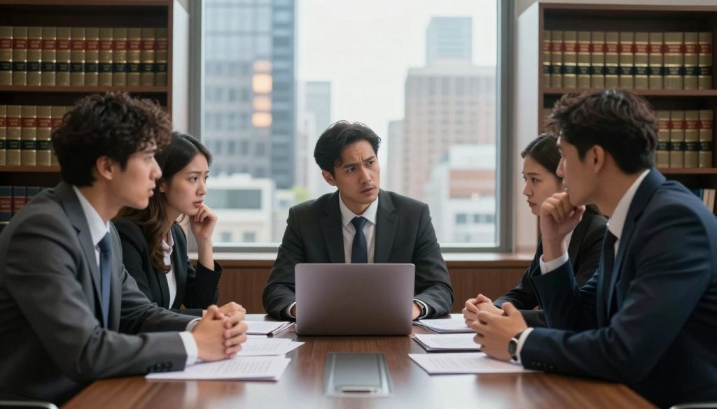 A dramatic scene illustrating a contract law dispute in a modern office setting. In the foreground, a diverse group of three professionals, dressed in smart business attire—two men and one woman—are engaged in a heated discussion, surrounded by disorganized papers and a laptop on a polished conference table. In the middle ground, a large window reveals a cityscape, with skyscrapers reflecting the afternoon sunlight, creating a dynamic atmosphere. The background features bookshelves filled with legal texts, contributing to the professional ambiance. Soft, natural lighting illuminates the faces of the individuals, highlighting their expressions of concern and determination. The overall mood is tense yet focused, capturing the essence of contract and business-related disputes while maintaining a polished and formal look.