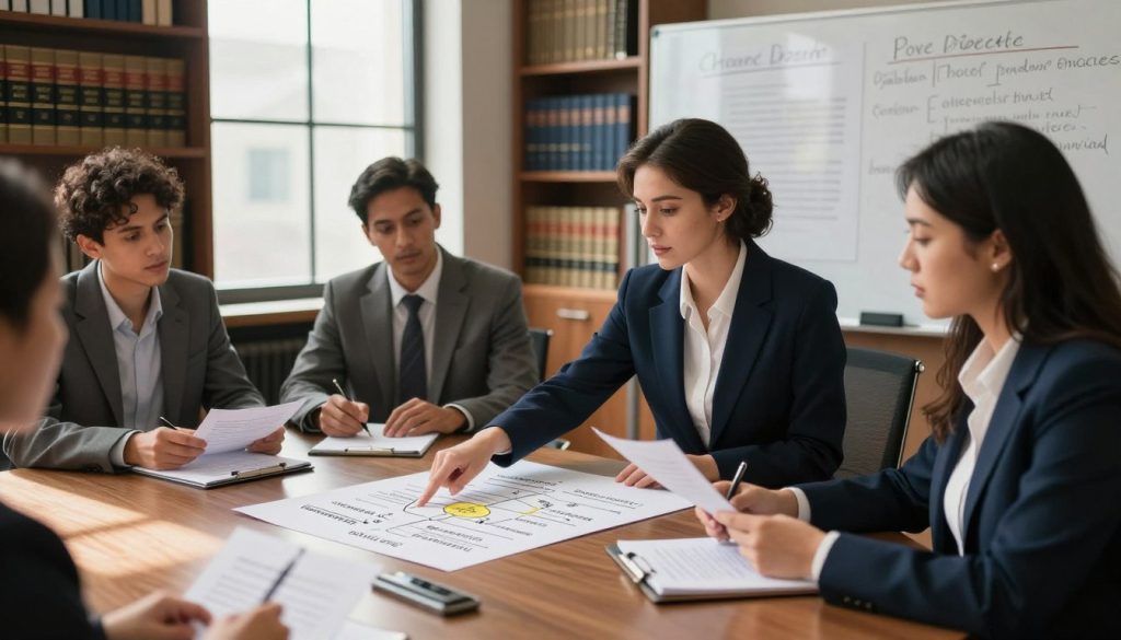 A focused legal case analysis scene featuring a diverse group of four professionals gathered around a large conference table. In the foreground, a confident woman in a tailored navy suit points to a flowchart displaying different types of legal cases, highlighting key distinctions. Beside her, a man in a gray suit takes notes, while another woman in a smart business dress examines a legal document. In the background, a large window allows natural light to fill the room, casting soft shadows and creating a warm, collaborative atmosphere. The walls are lined with bookshelves filled with legal texts, and a large whiteboard showcases case types and legal terminology. The angle is slightly elevated to capture the dynamics of their discussion and the informative environment. A focused legal case analysis scene featuring a diverse group of four professionals gathered around a large conference table. In the foreground, a confident woman in a tailored navy suit points to a flowchart displaying different types of legal cases, highlighting key distinctions. Beside her, a man in a gray suit takes notes, while another woman in a smart business dress examines a legal document. In the background, a large window allows natural light to fill the room, casting soft shadows and creating a warm, collaborative atmosphere. The walls are lined with bookshelves filled with legal texts, and a large whiteboard showcases case types and legal terminology. The angle is slightly elevated to capture the dynamics of their discussion and the informative environment.