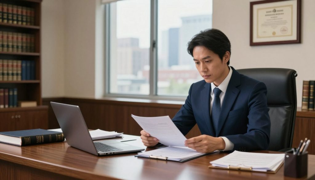 A focused scene of a professional workplace injury attorney in an office setting. In the foreground, a determined attorney, dressed in a sharp navy blue suit with a tie, is sitting at a polished wooden desk cluttered with legal documents and a laptop, examining case files intently. In the middle ground, a large window lets in natural light, illuminating the office decorated with law books and framed legal certificates on the walls. A comfortable chair sits opposite the desk, symbolizing a welcoming space for clients. The background features a city skyline visible through the window, adding depth. The mood is serious yet optimistic, reflecting a dedicated legal atmosphere. Use warm, soft lighting to create an inviting ambiance, and aim for a slightly angled perspective to enhance the visual storytelling. A focused scene of a professional workplace injury attorney in an office setting. In the foreground, a determined attorney, dressed in a sharp navy blue suit with a tie, is sitting at a polished wooden desk cluttered with legal documents and a laptop, examining case files intently. In the middle ground, a large window lets in natural light, illuminating the office decorated with law books and framed legal certificates on the walls. A comfortable chair sits opposite the desk, symbolizing a welcoming space for clients. The background features a city skyline visible through the window, adding depth. The mood is serious yet optimistic, reflecting a dedicated legal atmosphere. Use warm, soft lighting to create an inviting ambiance, and aim for a slightly angled perspective to enhance the visual storytelling.