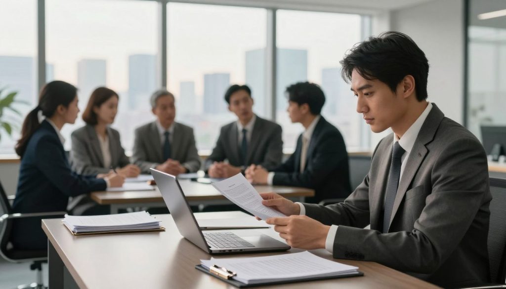 A modern law office scene depicting a professional legal case assessment. In the foreground, a confident lawyer in a tailored suit sits at a sleek desk covered with organized files and open legal documents, intently reviewing a case on a laptop. In the middle ground, a diverse group of clients, dressed in business attire, engages in a thoughtful discussion, conveying a sense of partnership and guidance. The background features a large, illuminated window showcasing a city skyline, bathed in warm afternoon light, creating an optimistic and contemplative atmosphere. The overall mood is focused and serious, capturing the essence of navigating legal complexities. The image should have a soft focus lens effect, enhancing the professional ambiance while highlighting the human interaction involved in legal assessments. A modern law office scene depicting a professional legal case assessment. In the foreground, a confident lawyer in a tailored suit sits at a sleek desk covered with organized files and open legal documents, intently reviewing a case on a laptop. In the middle ground, a diverse group of clients, dressed in business attire, engages in a thoughtful discussion, conveying a sense of partnership and guidance. The background features a large, illuminated window showcasing a city skyline, bathed in warm afternoon light, creating an optimistic and contemplative atmosphere. The overall mood is focused and serious, capturing the essence of navigating legal complexities. The image should have a soft focus lens effect, enhancing the professional ambiance while highlighting the human interaction involved in legal assessments.