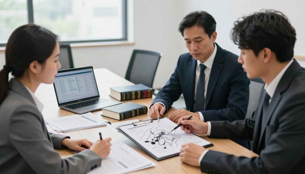 A professional and analytical scene depicting an accident case scenario analysis. In the foreground, a diverse group of three individuals dressed in professional business attire, including a woman in a tailored blazer and two men in suits, are intently discussing a detailed accident diagram on a large clipboard. In the middle ground, a wide open conference table is covered with various case documents, law books, and a laptop displaying accident statistics. In the background, a large window allows natural light to fill the room, enhancing the serious and focused atmosphere. The lighting is bright yet soft, creating an inviting environment that encourages deep discussion and analysis. The angle of the image captures the group from a slightly elevated perspective, emphasizing their engagement with the material.