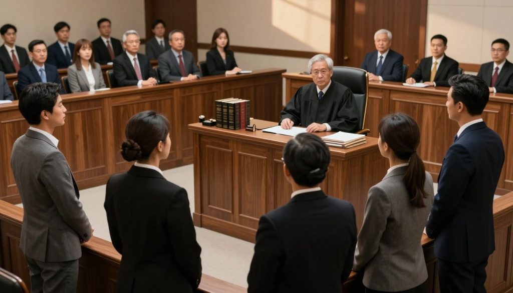 A professional courtroom setting illustrating the civil case lawsuit process. In the foreground, a diverse group of individuals in business attire, including a confident plaintiff and a composed defendant, stand beside their lawyers, engaging in a serious discussion. The middle ground features a judge seated at a wooden bench, observing the proceedings with focus, surrounded by legal books and documents. In the background, rows of spectators watch attentively, creating an atmosphere of tension and anticipation. The lighting is warm and focused, casting soft shadows that enhance the seriousness of the environment. The image is captured from a slightly elevated angle, emphasizing the dynamics of the courtroom and the importance of the civil case being presented. A professional courtroom setting illustrating the civil case lawsuit process. In the foreground, a diverse group of individuals in business attire, including a confident plaintiff and a composed defendant, stand beside their lawyers, engaging in a serious discussion. The middle ground features a judge seated at a wooden bench, observing the proceedings with focus, surrounded by legal books and documents. In the background, rows of spectators watch attentively, creating an atmosphere of tension and anticipation. The lighting is warm and focused, casting soft shadows that enhance the seriousness of the environment. The image is captured from a slightly elevated angle, emphasizing the dynamics of the courtroom and the importance of the civil case being presented.