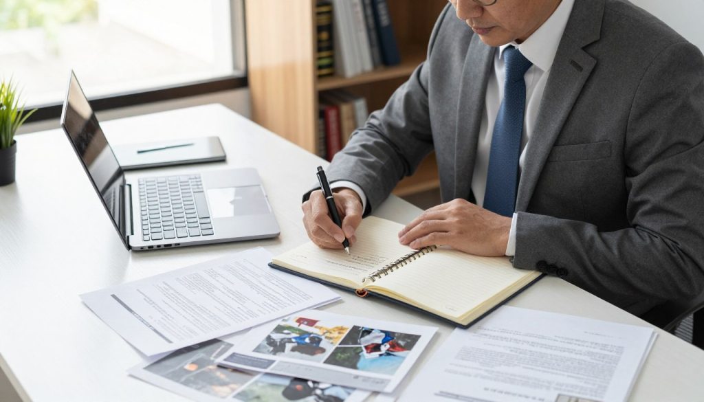 A professional-looking office environment, with a person in business attire (a middle-aged man) seated at a desk cluttered with documents, a laptop open, and a notepad filled with notes. In the foreground, the individual appears focused, jotting down observations, surrounded by evidence like medical reports and photographs of accident scenes. The background features a bookshelf lined with legal texts and a window letting in natural light, creating a warm and inviting atmosphere. The lighting is soft yet clear, emphasizing the seriousness of the situation. The angle is slightly overhead, capturing both the meticulous work being done and the resources at hand, conveying the concept of evaluating injury claim potential in a thoughtful, professional manner.