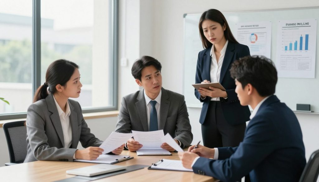 A professional office setting depicting a personal injury case evaluation. In the foreground, a diverse group of three individuals in professional business attire—two adults seated at a modern conference table examining documents, and a legal advisor standing with a concerned expression. In the middle, a large window lets in natural light, casting soft shadows and creating a productive atmosphere. A whiteboard with notes and charts on personal injury statistics is visible in the background, adding context to their discussion. The mood is focused and serious, emphasizing the importance of careful evaluation in the claims process. The lighting is bright and inviting, promoting an atmosphere of trust and professionalism, captured from a slightly elevated angle to enhance depth.