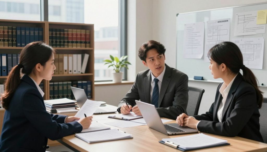 A professional office setting depicting the discovery phase of a civil case. In the foreground, a diverse group of three individuals in business attire—one man and two women—are engaged in an intense discussion over a large table covered with legal documents, binders, and a laptop. The middle ground shows shelves filled with legal books and case files, while a large window offers a view of a cityscape bathed in natural sunlight. Soft, diffused lighting creates a focused atmosphere, highlighting the intensity of the research and collaboration. The background features a whiteboard covered with notes and diagrams, emphasizing the analytical process involved in the discovery phase. Overall, the scene conveys a sense of professionalism, teamwork, and the complexity of legal proceedings. A professional office setting depicting the discovery phase of a civil case. In the foreground, a diverse group of three individuals in business attire—one man and two women—are engaged in an intense discussion over a large table covered with legal documents, binders, and a laptop. The middle ground shows shelves filled with legal books and case files, while a large window offers a view of a cityscape bathed in natural sunlight. Soft, diffused lighting creates a focused atmosphere, highlighting the intensity of the research and collaboration. The background features a whiteboard covered with notes and diagrams, emphasizing the analytical process involved in the discovery phase. Overall, the scene conveys a sense of professionalism, teamwork, and the complexity of legal proceedings.