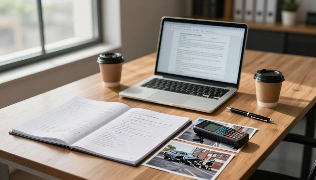 A professional office setting focused on accident case type assessment evidence. In the foreground, a cluttered wooden desk holds a variety of evidence items: a notepad with handwritten notes, a digital recorder, and photographs of the accident scene. In the middle ground, a laptop screen displays an open document detailing case notes, alongside a coffee cup and a pen. In the background, a large window allows natural light to filter in, casting soft shadows across the room. The atmosphere is serious yet contemplative, conveying a sense of diligent preparation for a legal case. Use warm, neutral tones to emphasize professionalism and focus, shot from a slightly elevated angle to provide a comprehensive view of the desk and its contents.