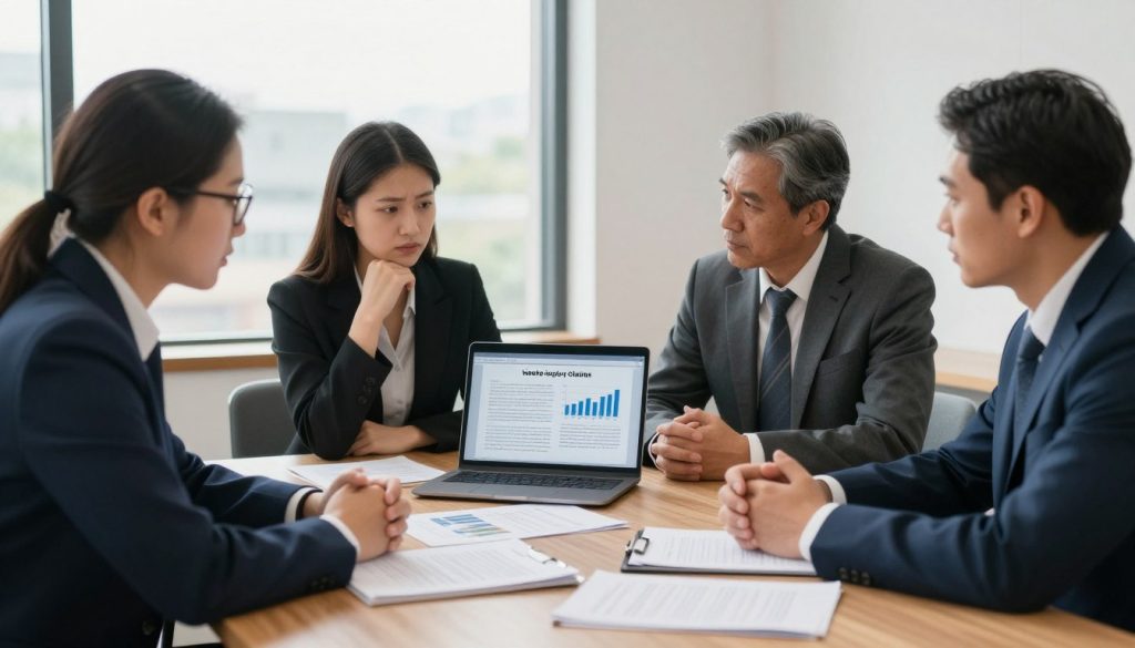 A professional setting depicting a serious discussion about injury lawsuit eligibility. In the foreground, a diverse group of three individuals in business attire (a male lawyer with glasses, a female client looking concerned, and a middle-aged male legal advisor) are engaged in conversation around a wooden conference table. The middle ground features scattered legal documents and a laptop displaying graphs and notes about personal injury cases. In the background, a large window lets in natural light, illuminating the room while casting soft shadows. The overall atmosphere is somber yet hopeful, reflecting the importance of understanding key criteria for valid injury claims. The composition emphasizes clarity and professionalism, encouraging viewers to contemplate their own situations.