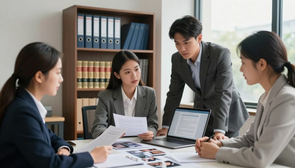 A professional, well-lit office environment with a focus on civil case evidence gathering. In the foreground, a diverse group of three individuals (two women and one man) dressed in business attire are discussing over a table filled with documents, photographs, and a laptop displaying legal files. The atmosphere is collaborative and intense, with expressions of concentration. In the middle, a tall bookshelf filled with legal books and binders. In the background, a large window lets in natural light, creating a warm ambience, reflecting a sense of purpose and determination. The composition is slightly angled to emphasize depth, with soft shadows and highlights to enhance the professionalism of the setting, evoking a serious yet hopeful mood as these individuals prepare to support their civil case. A professional, well-lit office environment with a focus on civil case evidence gathering. In the foreground, a diverse group of three individuals (two women and one man) dressed in business attire are discussing over a table filled with documents, photographs, and a laptop displaying legal files. The atmosphere is collaborative and intense, with expressions of concentration. In the middle, a tall bookshelf filled with legal books and binders. In the background, a large window lets in natural light, creating a warm ambience, reflecting a sense of purpose and determination. The composition is slightly angled to emphasize depth, with soft shadows and highlights to enhance the professionalism of the setting, evoking a serious yet hopeful mood as these individuals prepare to support their civil case.