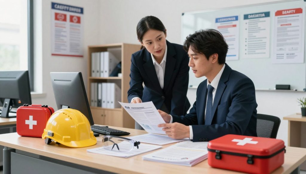 A safe work environment showcasing a professional setting reflecting workplace accidents and case studies. In the foreground, a well-organized desk with safety equipment like helmets, goggles, and first aid kits. In the middle ground, two professionals in business attire discussing a case study, pointing at incident reports on a table. The background features a well-lit office space with safety posters, a whiteboard illustrating safety protocols, and shelves filled with manuals and reports. Natural light streams through the windows, creating a serious yet optimistic atmosphere. Captured with a slight angle to emphasize both the professionals and the safety materials, the scene conveys a message of awareness and prevention in workplace injuries. A safe work environment showcasing a professional setting reflecting workplace accidents and case studies. In the foreground, a well-organized desk with safety equipment like helmets, goggles, and first aid kits. In the middle ground, two professionals in business attire discussing a case study, pointing at incident reports on a table. The background features a well-lit office space with safety posters, a whiteboard illustrating safety protocols, and shelves filled with manuals and reports. Natural light streams through the windows, creating a serious yet optimistic atmosphere. Captured with a slight angle to emphasize both the professionals and the safety materials, the scene conveys a message of awareness and prevention in workplace injuries.
