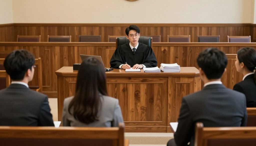 A serene courtroom setting depicting the civil lawsuit process. In the foreground, a diverse group of people, including a professional-looking attorney in a tailored suit and a client in business attire, engaged in a discussion. The middle shows a judge in robes seated at a bench, with legal documents stacked neatly, symbolizing the formal proceedings. In the background, rows of empty wooden benches create a traditional courtroom atmosphere. Soft, warm lighting casts a welcoming glow, enhancing the sense of seriousness and professionalism. The scene captures the anticipation and importance of legal discussions, set at a wide angle to include all elements while maintaining focus on the individuals involved in the civil case. A serene courtroom setting depicting the civil lawsuit process. In the foreground, a diverse group of people, including a professional-looking attorney in a tailored suit and a client in business attire, engaged in a discussion. The middle shows a judge in robes seated at a bench, with legal documents stacked neatly, symbolizing the formal proceedings. In the background, rows of empty wooden benches create a traditional courtroom atmosphere. Soft, warm lighting casts a welcoming glow, enhancing the sense of seriousness and professionalism. The scene captures the anticipation and importance of legal discussions, set at a wide angle to include all elements while maintaining focus on the individuals involved in the civil case.