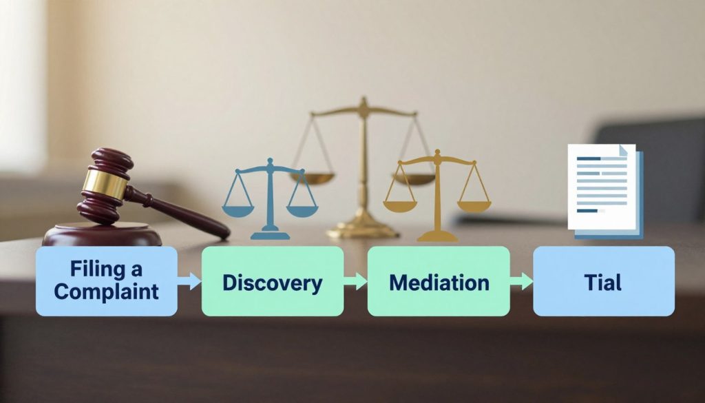 A visually engaging civil case timeline designed for beginners, set in an informative and educational atmosphere. In the foreground, a clear, chronological flowchart is depicted with distinct blocks representing stages such as "Filing a Complaint," "Discovery," "Mediation," and "Trial." Each block is connected by smooth arrows, showcasing the progression of a civil case. The middle ground features a balanced composition of icons like a gavel, scales of justice, and legal documents to enhance understanding. The background is softly blurred to maintain focus on the timeline, with warm, soft lighting illuminating the entire scene, creating a welcoming mood. The overall color palette consists of calming blues and greens, with minimal distractions, ensuring clarity and professionalism in design. A visually engaging civil case timeline designed for beginners, set in an informative and educational atmosphere. In the foreground, a clear, chronological flowchart is depicted with distinct blocks representing stages such as "Filing a Complaint," "Discovery," "Mediation," and "Trial." Each block is connected by smooth arrows, showcasing the progression of a civil case. The middle ground features a balanced composition of icons like a gavel, scales of justice, and legal documents to enhance understanding. The background is softly blurred to maintain focus on the timeline, with warm, soft lighting illuminating the entire scene, creating a welcoming mood. The overall color palette consists of calming blues and greens, with minimal distractions, ensuring clarity and professionalism in design.