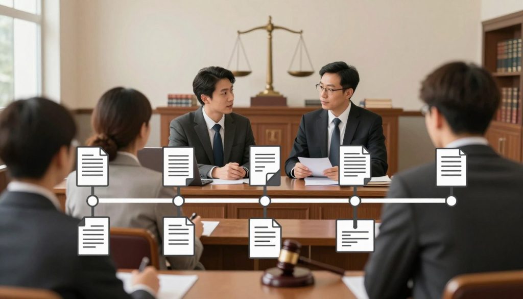 A visually engaging illustration of a civil case timeline, focusing on the "Serving the Defendant and Response Phase." In the foreground, depict a well-organized timeline segmented into clear phases, with icons representing key actions such as serving legal documents and receiving responses. In the middle, include professional individuals in business attire discussing crucial details, with a backdrop of a courthouse interior. The background should showcase historical legal symbols, like scales of justice and law books, subtly blurred to emphasize the timeline. Use soft, natural lighting to create a calm, informative atmosphere, and set the scene from a high angle, allowing for a comprehensive view of the timeline. The overall mood should be serious yet approachable, reflecting the importance of the legal process.